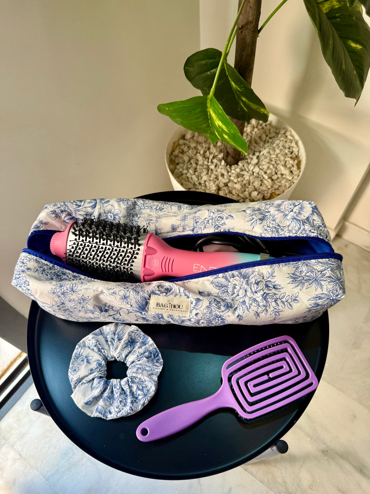 💙 Blue Garden - Trousse Lisseur & Brosse Soufflante + Chouchou