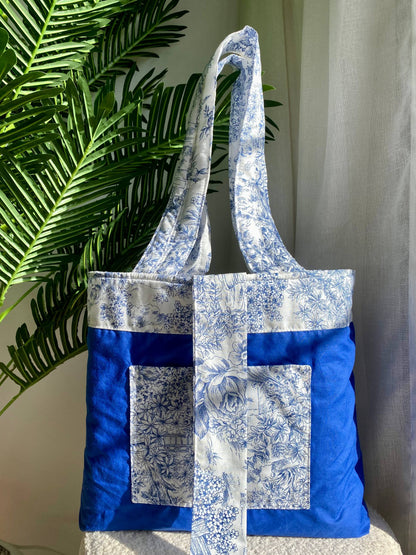 💙 Blue Garden - Sac Tote Bag Réversible (2 Faces) + 1 chouchou