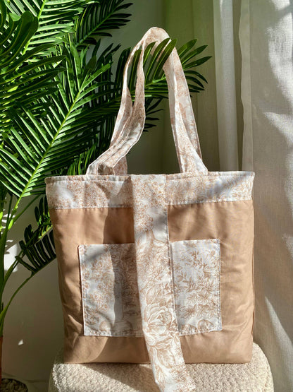 🤍 Beige Garden - Sac Tote Bag Réversible (2 Faces) + 1 chouchou