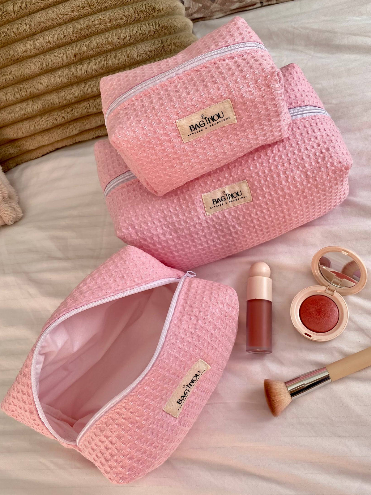 🌸 Pink Waffle - Pack 3 Trousses